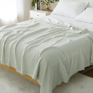Cotton Muslin Blanket Queen Size for Bed Couch, Lightweight Breathable Bed Blankets, Soft Gauze Blanket for Summer, Queen Muslin Blankets for Adults and Kids, Light Green, 90x90 Inches