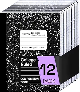 Composition Notebook College Ruled 12 Pack, 200 Pages (100 Sheets), 9-3/4 x 7-1/2, Black Marble Composition Books Bulk, Notebooks for School, Work, Office, Hard Cover Comp Book, School Supplies