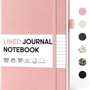 Lined Journal Notebook for Women & Men, Hardcover Leather Journal for writing, A5 College Ruled Notebook for Work & Note Taking, Perfect for Office School Home Supplies, 160 Pages, Pink