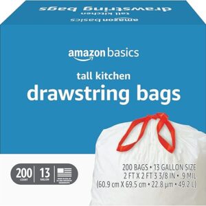 Amazon Basics Trash Bags, Tall Kitchen Drawstring, Unscented, 13 Gallon, 200 Count, Pack of 1