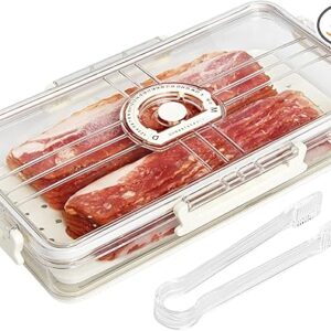 Bacon Storage Container with Air-sealed Tight Lid for Fridge Bacon Holder Deli Meat Cheese Keeper with Food Serving Tongs and Drain Plate for Refrigerator