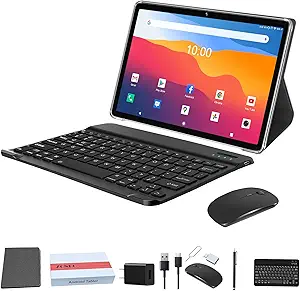2025 Latest 2 in 1 Tablet 128GB Storage+1TB Expand 10 inch Tablets, 2.4G&5G WIFI Tablet PC, Android 14 Tablets with Keyboard, Octa Core HD Touchscreen 13MP Dual Camera GMS Tableta with Case Mouse Gray
