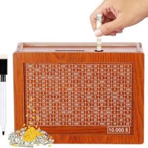 Cash Vault Retro Money Savings Box, Wooden Cash Saver with Money Target and Numbers (10000 Light Brown)