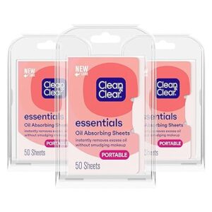 Clean & Clear Essentials Oil Absorbing Sheets, Portable Blotting Papers for Shine Control on the Face & Nose, Blotting Sheets Instantly Remove Excess Oil Without Smudging Makeup, 3 Pack