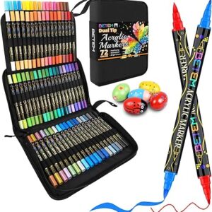 Betem Paint Markers Acrylic Paint Pens, Dual Tip 72 Colors Acrylic Markers with Brush Tip and Fine Point, Art Supplies for Wood, Canvas, Stone, Glass, Rock Painting Kit DIY Crafts Drawing Kit with Bag