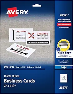 Avery Printable Business Cards with Sure Feed Technology, 2" x 3.5", White, 100 Blank Business Cards, Inkjet Printer Paper (28371)