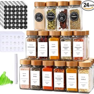 DIMBRAH Spice Jars with Label 24Pcs,Seasoning Containers,Glass Spice Jars with Bamboo Lids,Kitchen Essentials,Spices Container Set,Kitchen Set,Seasoning Organizer,Spice Rack Organizer for Cabinet
