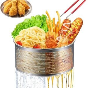 Deep Fryer Basket Only, 7''x4'' Colander with Silicone Handle,Round Stainless Steel Fry Baskets, Heat Resistant for Frying French Fries Cooking Noodles Vegetables, Ideal for Gift, 2.3-Quart