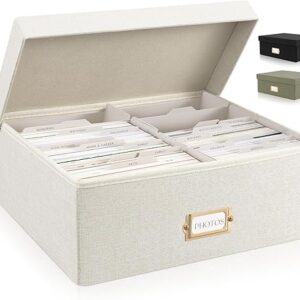 ZICOTO Decorative Photo Storage Box - Sturdy Linen Photo Organizer with Dividers is Perfect to Store Up to 1700 Pictures and 4x6 Photos - Portable Scrapbook Storage Containers with Lid