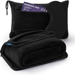Bedsure Travel Blanket Airplane Compact with Storage Bag, Packable Blanket with Eye Mask, Lightweight 2-in-1 Travel Essentials, Functioned as Pillow for Airplane Comfort and Warmth, Black