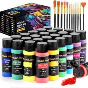 Acrylic Paint Set, 24 Colors (2 oz/Bottle) with 12 Art Brushes, Art Supplies for Painting Canvas, Wood, Ceramic & Fabric, Rich Pigments Lasting Quality for Beginners, Students & Professional Artist