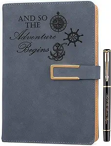 Fanery Sue Refillable Adventure Travel Journal For Women & Men Faux Leather Hardcover A5 Travel Notebook College Ruled 200 Lined Pages Lay-Flat Diary With Pen & Magnetic Buckle(Adventure - Blue