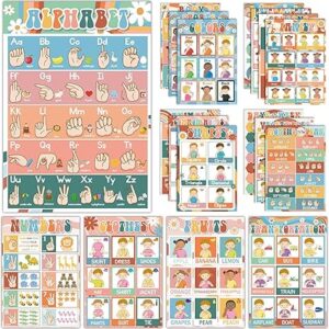 gisgfim 18 Pieces ASL Poster America Sign Language Poster ASL Charts for Classroom Education Posters Sign Language for Toddlers Kids Educational Primary School Students Classroom Decor (Retro)