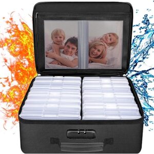 ENGPOW Fireproof Photo Storage Box with 16 Inner 4" x 6" Photo Case(Clear),Photo Box Organizer with Lock,Collapsible Portable Photo Storage Containers with Handle for Photos,Picture,Valuables