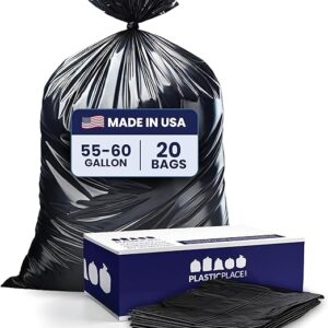 Plasticplace Contractor Garbage Bags: 55 Gallon Trash Bags Heavy Duty, Big Black Trash Bags, 36"x58", 6.0 Mil, Pack of 20