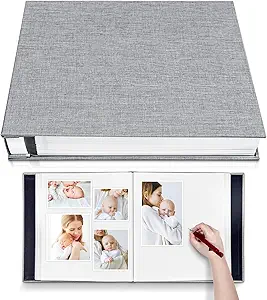 Photo Album Self Adhesive 3x5 4x6 5x7 6x8 8x10 8.5x11 11x10.6 Magnetic Scrapbook Album DIY Length 11x10.6 Inch 40 Pages Linen Cover DIY Photo Album with A Metallic Pen and and Plastic Board(Grey)