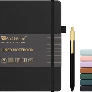 A5 Lined Leather Journal and Pen Set, Hardcover Notebook with Pen, 160 Pages 100gsm Thick Ruled Paper for Men Women, for Work, Business, School or Home Writing, 5.7'' x 8'' (Black-Set1)