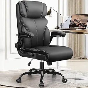 Office Chair, Ergonomic Big and Tall Computer Desk Chairs, Executive Breathable Leather Chair with Adjustable High Back Flip-up Armrests, Lumbar Support Swivel PC Chair with Rocking Function