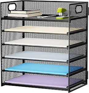 Marbrasse 6 Tier Paper Organizer Letter Tray - Mesh Desk File Organizer with Handle, Paper Sorter Organizer for Letter/A4 Office File Folder Holder - Black