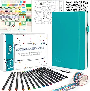 feela Dotted Journal Kit, Dot Grid Journal Hardcover Planner Notebook Set For Beginners Women Girls Note Taking with Journaling Supplies Stencils Stickers Pens Accessories, A5, 224 Pages, Teal