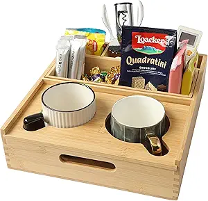 Large Bamboo Couch Caddy, Sofa Cup Holder Tray with 7 Compartments, Couch and Bedside Organizer for Drinks, Snacks, and Remotes (Large)