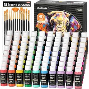 Shuttle Art 80 Colors Acrylic Paint, Acrylic Paint set with 12 Paint Brushes, 2oz/60ml Bottles, Rich Pigmented, Premium Paints for Artists, Beginners and Kids on Canvas Rocks Wood Ceramic