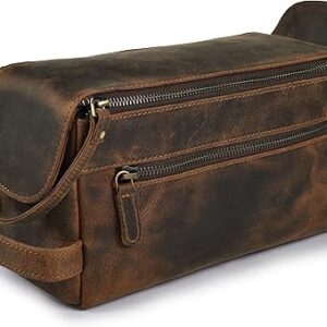 LEATHER VILLAGE Premium Leather Travel Toiletry Bag - Unisex Water-Resistant Travel Dopp Kit, Shaving & Cosmetic Organizer for Men & Women - Compact Bathroom Essentials - Rustic Brown
