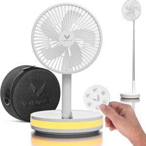 VENTY Portable Fan - Wireless Battery Operated Fan - 4 Speeds - LED Lighting - Carry Case & Remote Control - Cruise Travel - Outdoor Travel RV Power Bank With USB-C Port (White with Case)