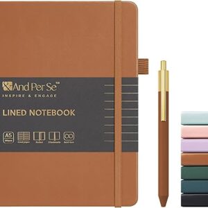 A5 Lined Leather Journal and Pen Set, Hardcover Notebook with Pen, 160 Pages 100gsm Thick Ruled Paper for Men Women, for Work, Business, School or Home Writing, 5.7'' x 8'' (Light Brown-Set1)