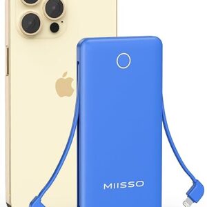 miisso 10000mAh Slim Portable Charger with Built in Cable, Power Bank Travel Charger External Battery Pack for Phone, 4 Output USB Type C Cord Clutch Charger Compatible with iPhone, Deep Blue