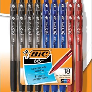 BIC BU3 Grip Retractable Ballpoint Pen, Medium Point (1.0mm), Assorted Colors, Retractable Colorful Ballpoint Pens for School and Office, 18-Count