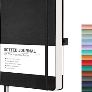 RETTACY Bullet Dotted Journal Notebook, 256 Pages, A5 Medium Size (5.7'' × 8.3''), Leather Hardcover, 120 GSM Thick Paper, for Bullet Journaling, Planning, Tracking (Black)