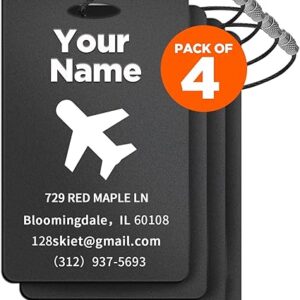 4 PCS Personalized Luggage Tags, Engraved Aluminum Luggage Tag, Custom Luggage Tag for Bag Id, Custom Suitcase Tag, Backpack Tag, Personalized Name Tags for Travel (Black)