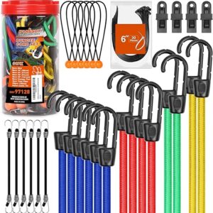 HORUSDY 31-Piece Premium Bungee Cords Assortment Jar, Includes 10”,18”,24”,32”,40” Bungee Cords, 6“ Zip Ties, 8”Canopy/Tarp Ball Ties and Crocodile Mouth Tarp Clips