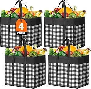 WOWBOX Reusable Grocery Bags,4-Pack, Foldable Reusable Shopping Tote Bags bulk with Reinforced Handles,Large Storage Bags with Water Resistant Coating for Groceries,Multipurpose,Black-White