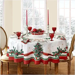 Villeroy & Boch Toy's Delight Christmas Wrinkle Resistant Fabric Tablecloth, Holiday Table Decor, 70" Round, Multi