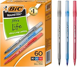 BIC Round Stic Xtra Life Assorted Ink Ballpoint Pens, Medium Point (1.0mm), 60-Count Pack of Bulk Pens, Flexible Round Barrel for Comfortable Writing, No. 1 Selling Ballpoint Pens