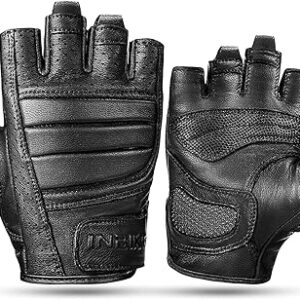 INBIKE Fingerless Goatskin Leather Motorcycle Gloves, Breathable Motorbike Gloves for Summer Large