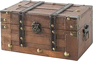 SLPR Alexander Small Wooden Treasure Chest - 11" x 7" x 5.5", Wood Storage Box with Hinged Lid, Decorative Trunk for Keepsakes, Vintage Pirate Chest for Classroom