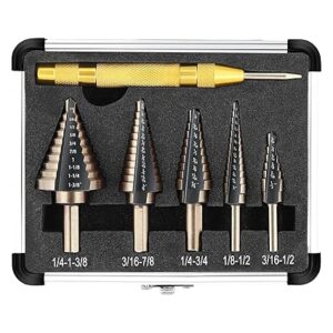 COMOWARE Titanium Step Drill Bit (5PCS), Black & Gold, HSS Step Bit with Two Flutes, 50 Sizes from 3/16" to 1-3/8", Steps Bits for Metal, Aluminum, Wood & Plastic, Unibit for Electricians & DIY