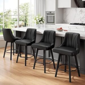 Counter Height Swivel Bar Stool, 24" Upholstered PU Leather Barstools Set of 4, Counter Stool Chair with Back & Solid Wood Legs for Kitchen Island Dining Room (Black)