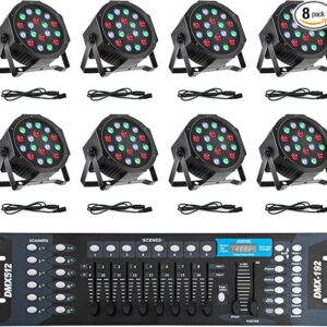 Stage Lights with Sound Activated & DMX Control, 8 Pack 18x3 W LED Par Lights, Versatile DJ Light for Stage Uplighting, Wedding, Party Events, Clubs,Music Shows & Holiday Decorations