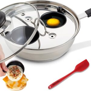 Eggssentials Egg Poacher Pan Nonstick Coating - Poached Egg Cooker, Stainless Steel Egg Poaching Pan PFOA Free with Spatula, Poached Egg Maker, Egg Poachers Cookware