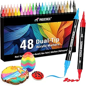 48 Colors Acrylic Paint Markers, Dual Tip with Fine Tip and Brush Tip Pens for Stone, Wood, Calligraphy, Canvas, Ceramic, Metal, Glass, Rock Painting, DIY Crafts