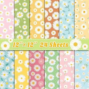 24 Sheets Daisy Scrapbook Paper 12'' × 12'' Double-Sided Spring Summer Flower Pattern Paper Decorative Decoupage Cardstock for DIY Card Craft Making Scrapbook Supplies