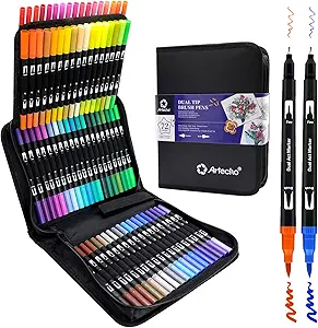 Artecho 72 Colors Markers for Adult Coloring Books No Bleeding, Dual Tip Markers for School, Fine and Brush Tip for Adults Coloring Books, Calligraphy, Drawing, Sketching