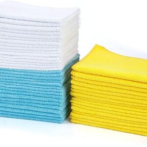 Amazon Basics Microfiber Cleaning Cloths, Non-Abrasive, Reusable and Washable, Pack of 48, Blue/White/Yellow, 16" x 12"