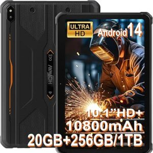 HOTWAV R10 Pro Rugged Tablet, 20GB + 256GB/TF 1TB Android 14 Tablet, 10.1inch HD+ Waterproof Tablets, 10800mAh Battery, 13MP+5MP Camera, Octa-Core/Dual SIM 4G/WLAN 5/IP68&IP69K/Face ID/GPS/OTG/2025