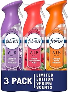 Febreze Air Mist Air Freshener Spray, Odor-Fighting Room Spray for Home, Bathroom and Kitchen, Aerosol Can, Southern Lilac Mornings, Georgia Peach Orchard, Sweet Watermelon Vine Scent, 8.8oz, 3 Count