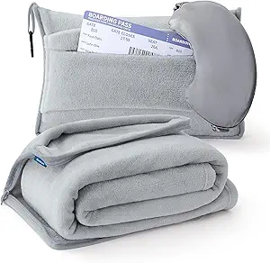 Bedsure Travel Blanket Airplane Compact with Storage Bag, Packable Blanket with Eye Mask, Lightweight 2-in-1 Travel Essentials, Functioned as Pillow for Airplane Comfort and Warmth, Grey